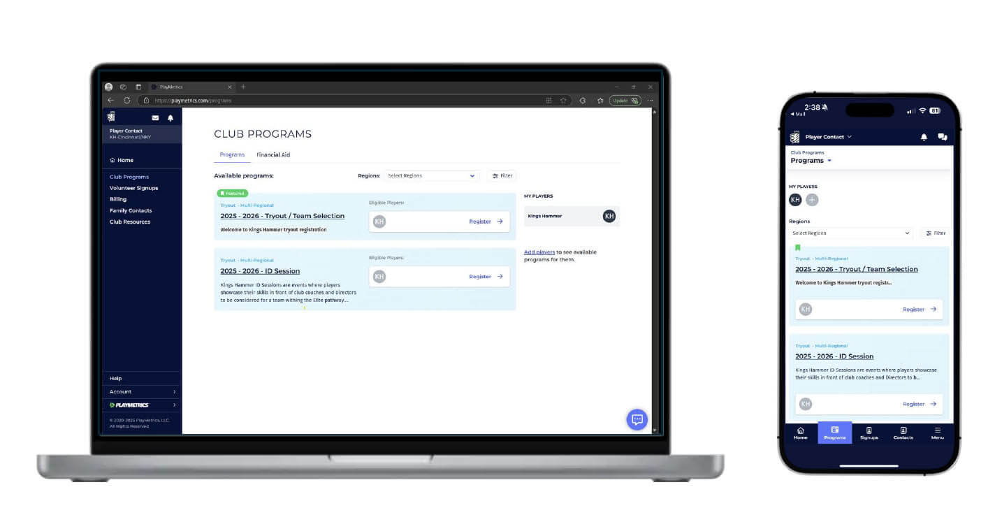 Step 4: Register for tryouts or program in PlayMetrics